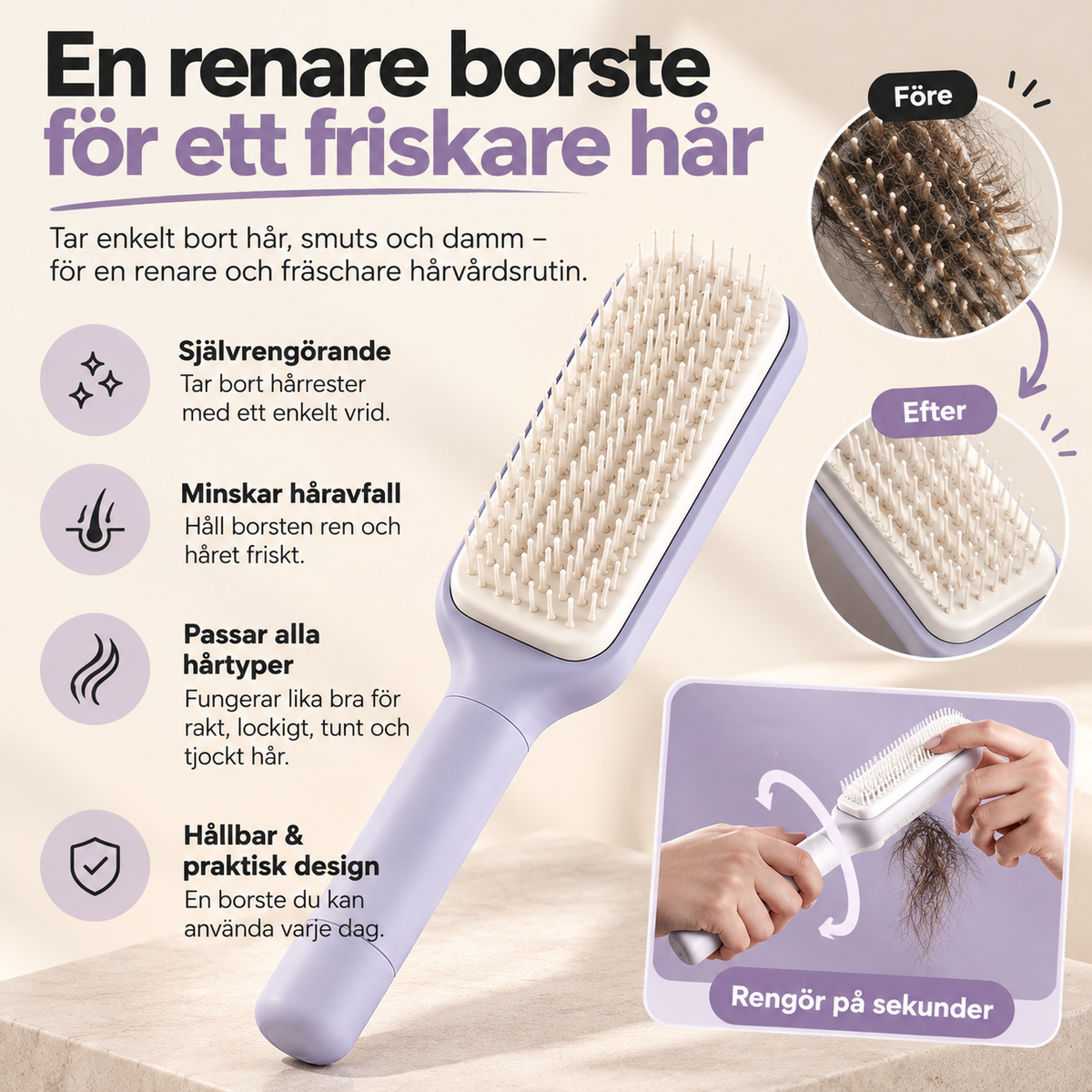 Självrengörande Hårborste